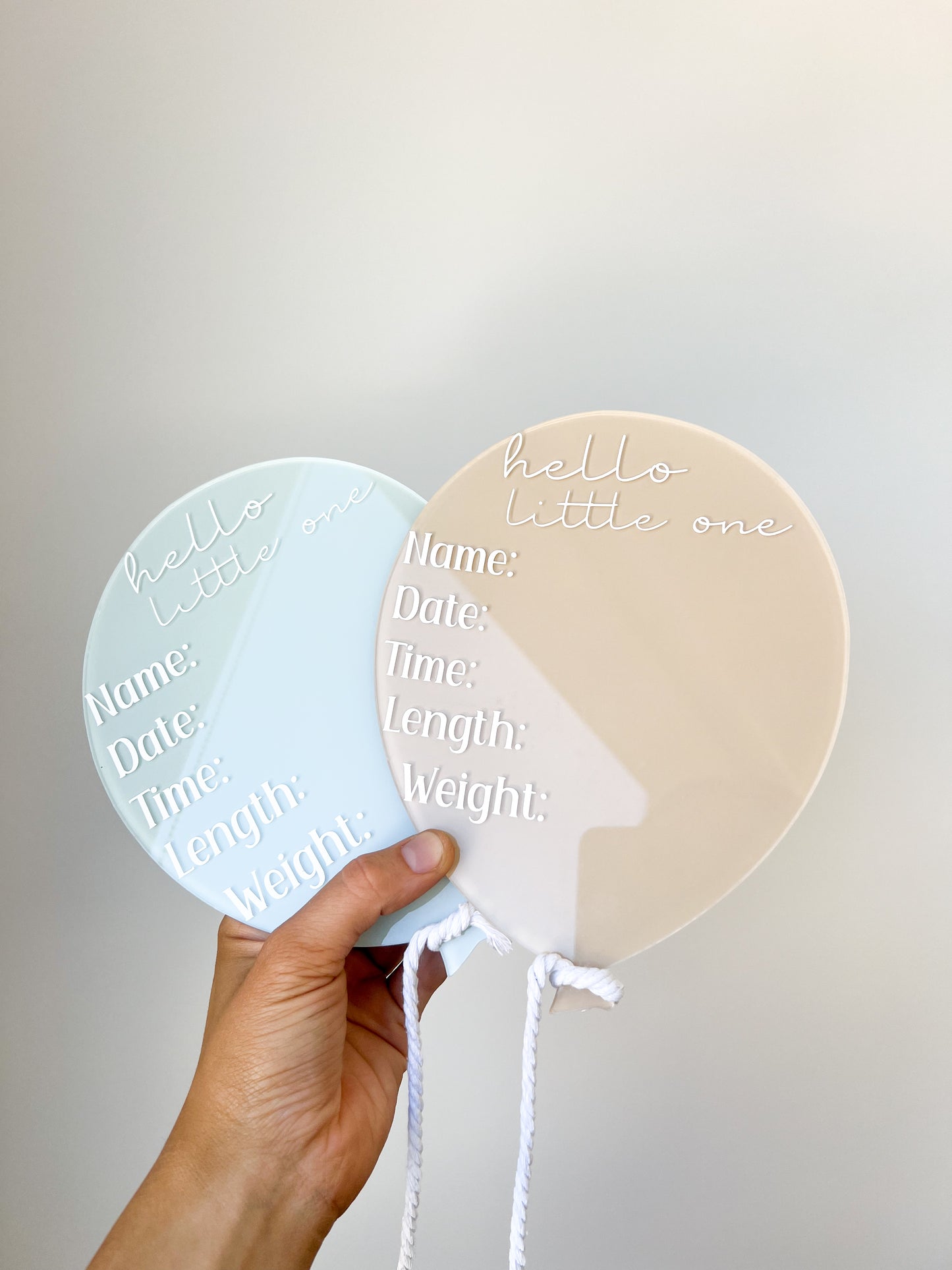 ‘Hello little one’ balloon acrylic birth announcement