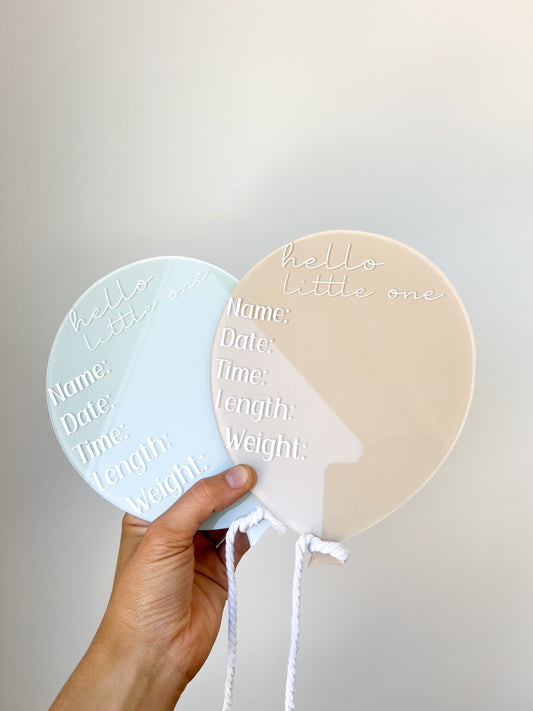 ‘Hello little one’ balloon acrylic birth announcement