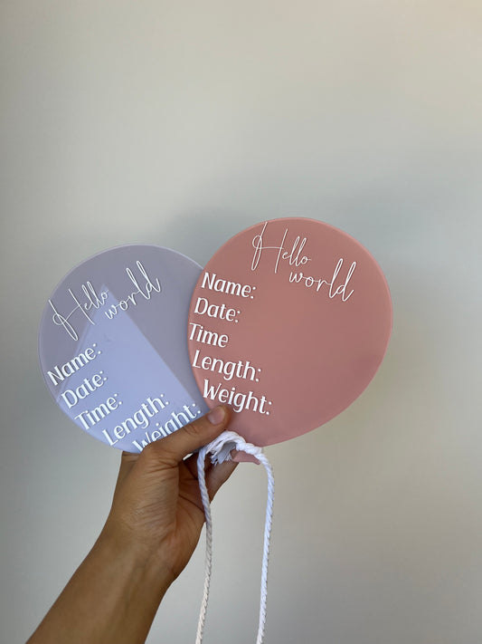 'Hello world' balloon acrylic birth announcement