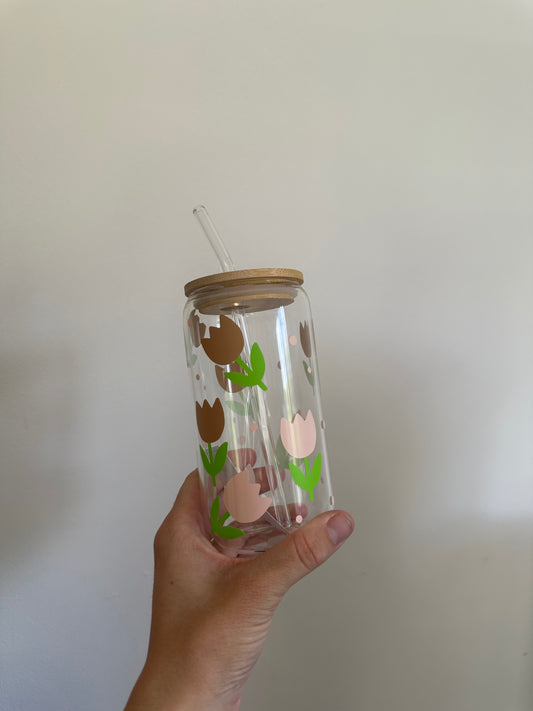 Glass cup with lid & straw