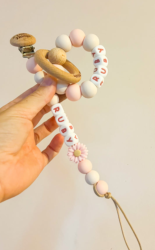 Personalised Speckled Daisy Dummy Clip & Teething Ring Bundle