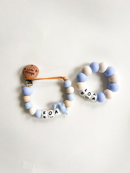 Personalized Dino Dummy Clip & Teething Ring Bundle