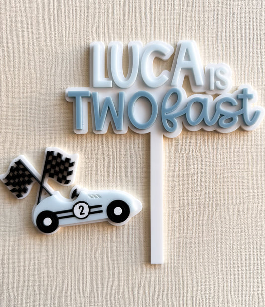 Personalised two fast cake topper with fropper